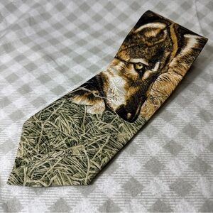 Vintage 1993 Silk Tie Wolf Graphic Endangered Species Made in USA Taking A Break